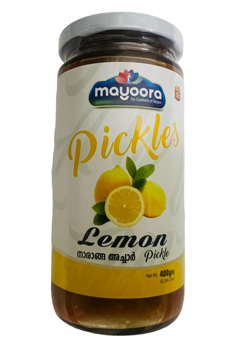 Jar of lemon pickle with Mayoora branding on a white background